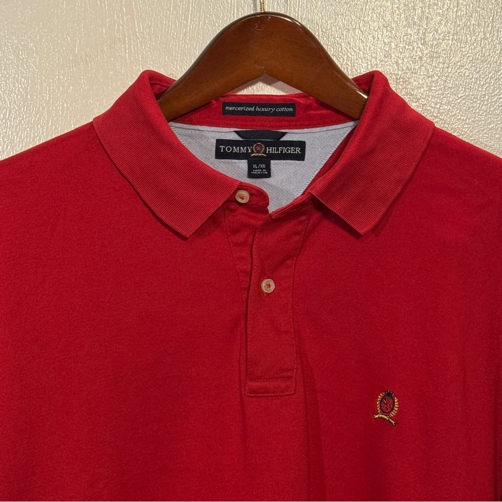Y2K Vintage Tommy Hilfiger Men's Polo Bright Red 100% Cotton Embroidered Crest